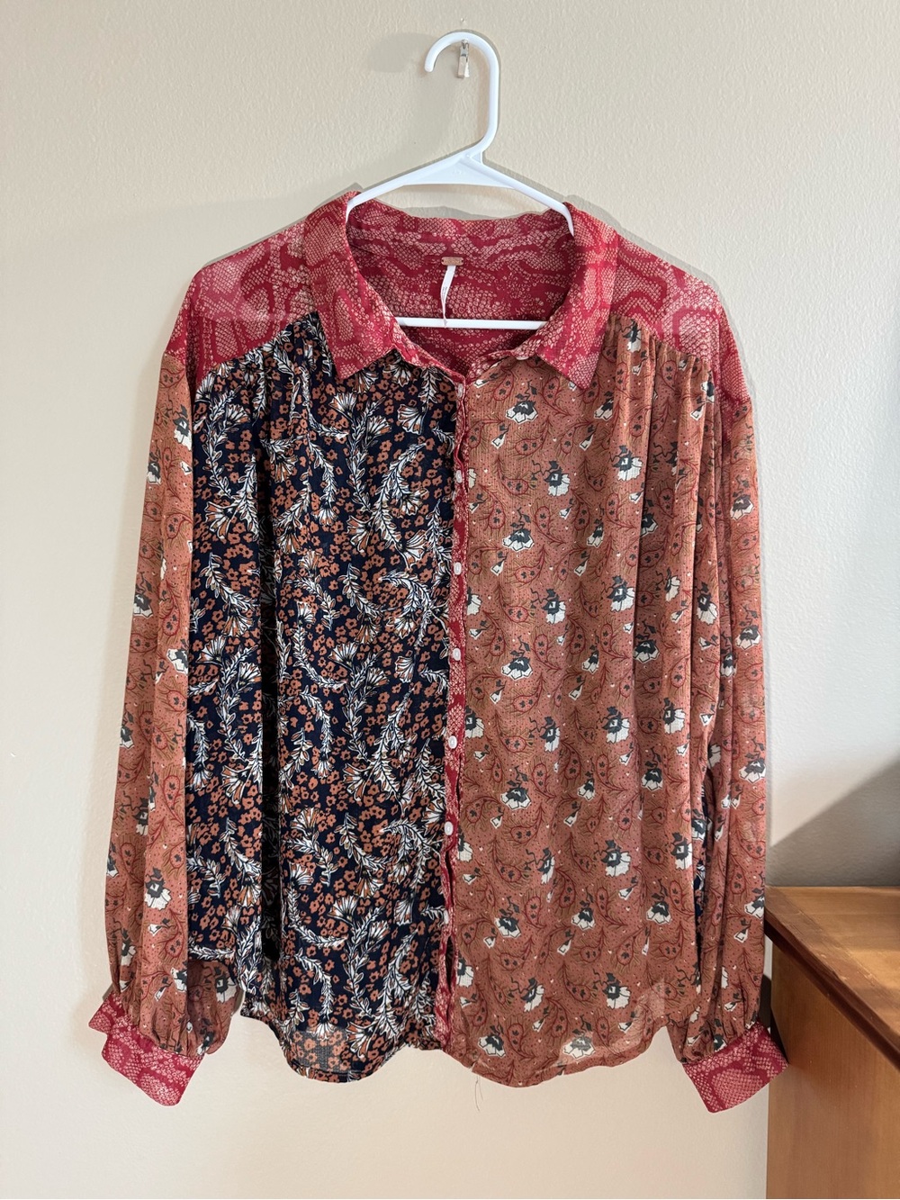 Free People Orange Red Patchwork Button Down Blouse Boho Mixed Print Top Medium